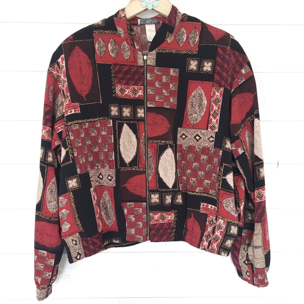 Kensington Square Lightweight Coat  XL Red Black Tan Leaf Patchwork Oversized